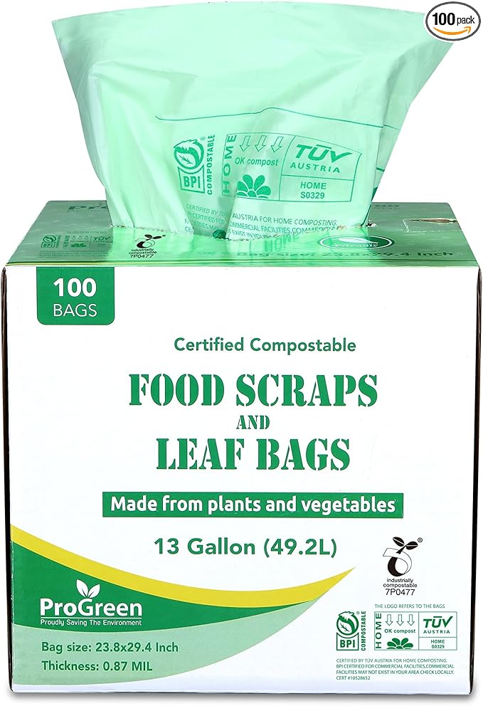 ProGreen Compostable Trash Bags, Extra Thick, Compost Kitchen Bin Bags, Food Scraps Yard Waste Bags, ASTM D6400 BPI and TÜV AUSTRIA Certified (13 Gallon, Pack of 100)