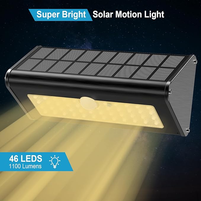 SECUROAD 1100 Lumens Solar Motion Sensor Lights Outdoor, IP65 Waterproof, 4500mAh Battery, Black Aluminum Metal Security Flood Wall Lights, 1 Pack, Warm White