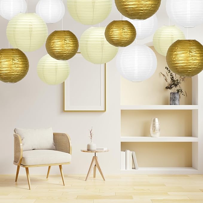 Chinese Paper Lanterns Decorative 15pcs Hanging Gold Paper Lanterns for Wedding Graduation Anniversary Birthday Party Decorations