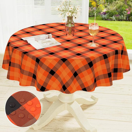 misaya Round Waterproof Vinyl Table Cloth, Buffalo Flannel Backed Tablecloth, Wipeable Plastic Table Cover for Dinner, Kitchen, Picnic (60", Black and Orange and Yellow)