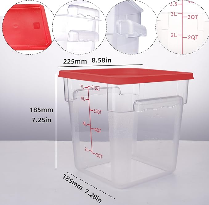 2 Pack RED Square Food Storage Container With Lid,2-12 Quart Commercial Storage Box With Scale & Handle,Cake Making,Dough Marinating Meat,Kitchen Supplies (8 Quart)