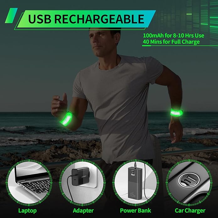 2PCS LED Armband for Running Walking at Night, High Visibility Reflective Running Gear Rechargeable LED Armband Light Up Arm Bands for Men Women Kids Night Cycling Walking Joggers Running Safety Gear