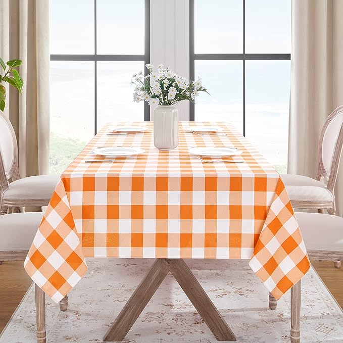 Softalker Halloween Gingham Checkered Rectangle Tablecloth - Waterproof Buffalo Plaid Table Cloth Stain Resistant Washable Table Cover for Picnic/Camping/Outdoor - Orange and White, 54 x 108 Inch