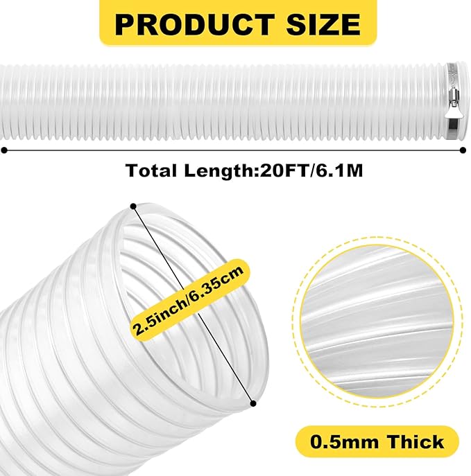 2 1/2"x20'Dust Collection Hose,2-1/2Inch Collector Flexible Tube with 304 Stainless Steel Clamps,PVC 2.5"Dust Collection Hose- Puncture Resistant (2 1/2"x20')