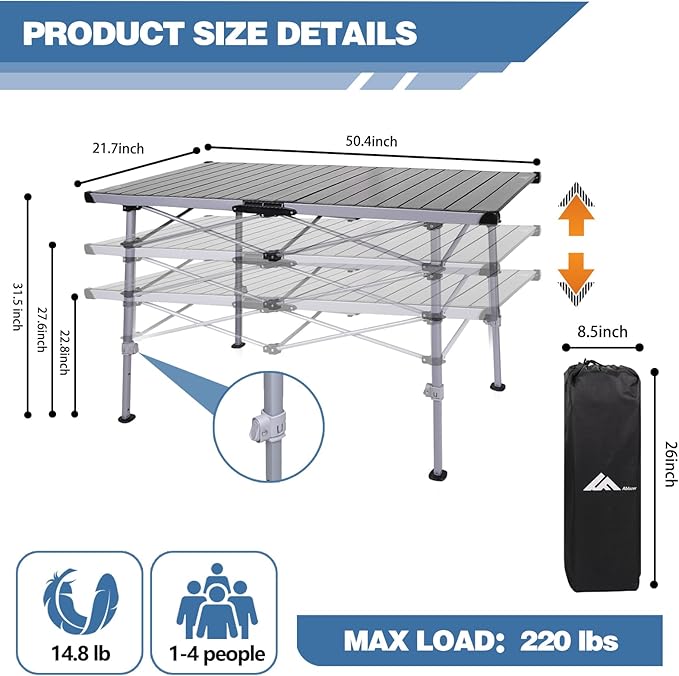 Ablazer Camping Table with Carry Bag, Adjustable Height Portable Table for Outdoor, Camping, Picnic, Beach, Aluminum Picnic Roll-up Table for 4-6 Person