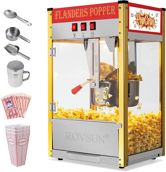 ROVSUN Popcorn Machine Movie Theater Style w/ 10 Ounce Kettle Makes Up to 4 Gallons ETL Certified, Countertop Popcorn Maker Commercial Popcorn Machine w/Scoop, Oil Spoon, Bags & 3 Cups, Red