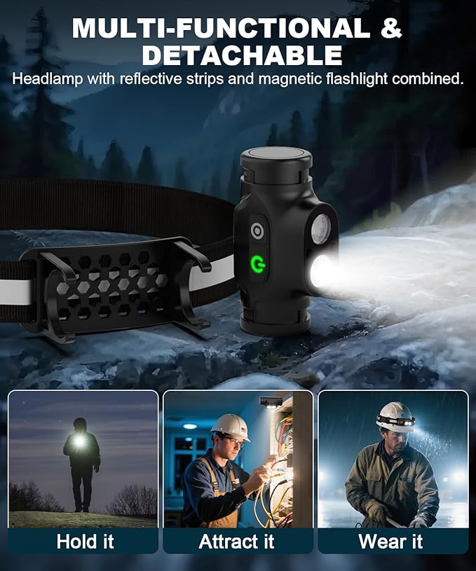 Rechargeable Running Headlamp 8PC, 1500 Lumens Bright Head Lamp Led with Motion Sensor, 4 Modes, Magnet, Detachable Flashlight & Headband for Adult, Outdoor, Emergency, Hard Hat Light