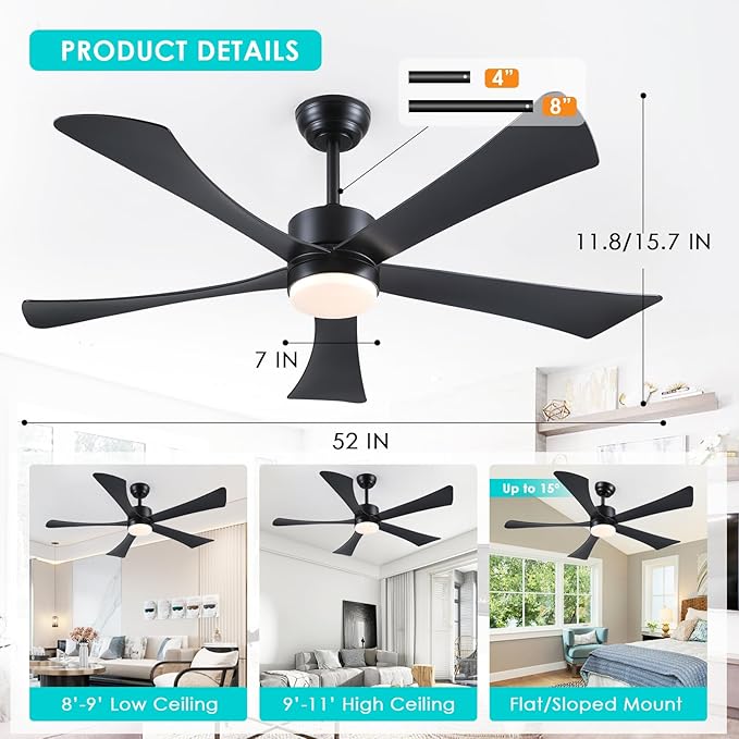 Ceiling Fans with Lights with Remote, Downrod, Bedroom Living Room (Black, 52 inch)