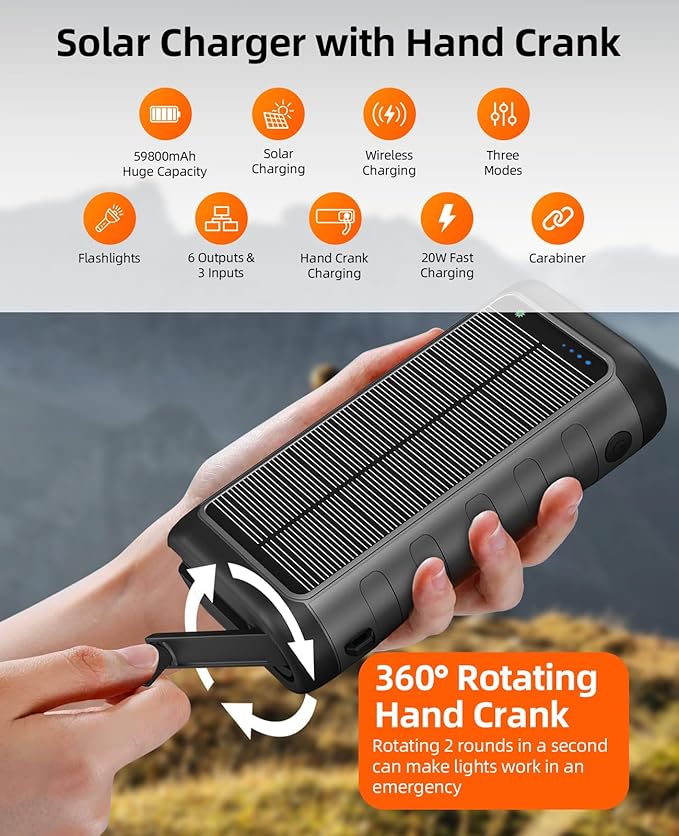 Solar Charger, 59800mAh Portable Power Bank for All Phones, Outdoor Waterproof Battery Pack Built in Hand Crank, 15W Wireless Charger 6 Outputs & 3 Inputs/LED Flashlights, Perfect for Camping Travel