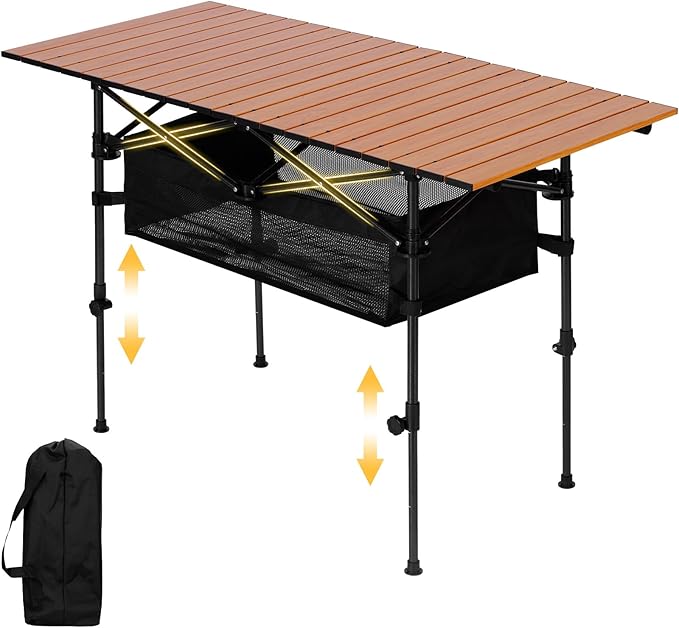 Portable Folding Camping Table, 4-6 Person Aluminum Outdoor Picnic Table with Storage Carry Bag, Adjustable Height Lightweight Camp Table for Beach, Picnic, BBQ and Indoor Use