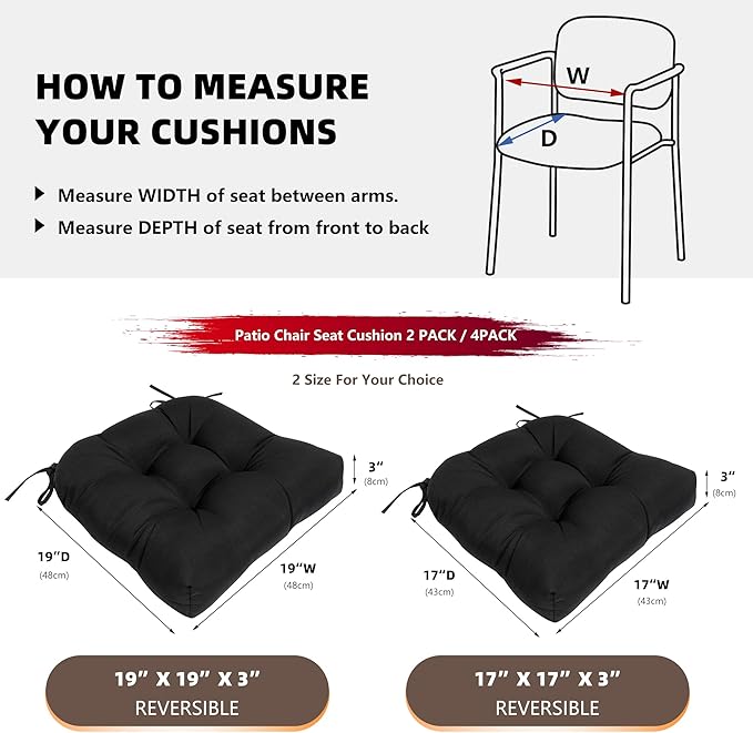 RACE LEAF Outdoor Cushions 19" x 19" Patio Chair Seat Pads, Set of 2 Thick Fill Tufted Square Patio Cushions, Water-Resistant Olefin Chair Seat Cushion with Ties for Non-Slip Support, Black