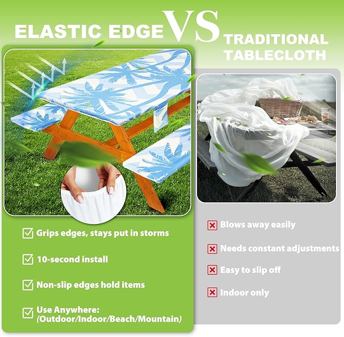 Fitted Picnic Table Cover with Bench Covers, Windproof Vinyl Table Cloths Outside Camping Cooking Backyard Furniture Seat Cushion Tablecloth Activities Party Decor Decorations Para Acampar Equipment