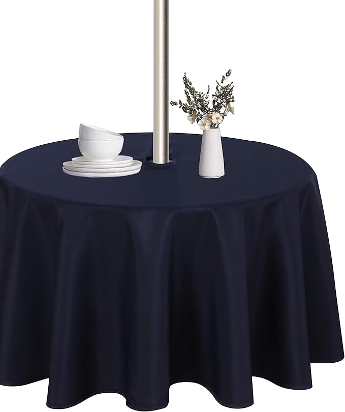 LUSHVIDA Round Outdoor Tablecloth with Umbrella Hole and Zipper, 90 Inch Navy, Washable Waterproof Table Cloth Spill Proof Wrinkle Free Table Cover for Patio Spring Summer Picnic BBQS