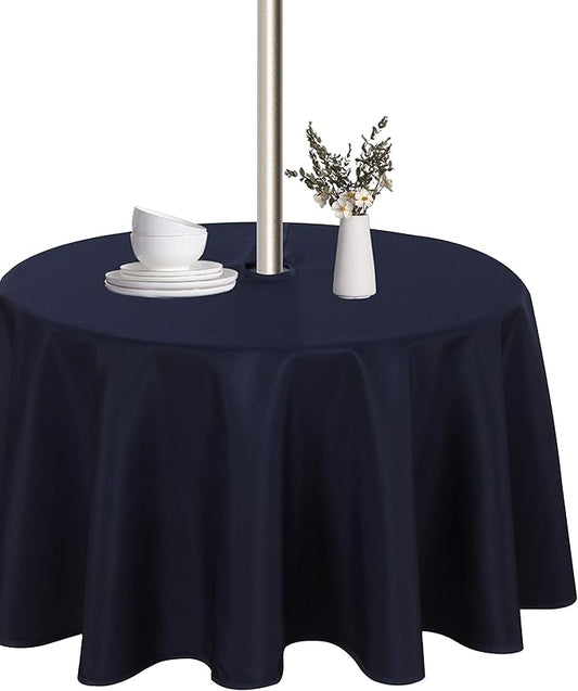 LUSHVIDA Round Outdoor Tablecloth with Umbrella Hole and Zipper, 90 Inch Navy, Washable Waterproof Table Cloth Spill Proof Wrinkle Free Table Cover for Patio Spring Summer Picnic BBQS