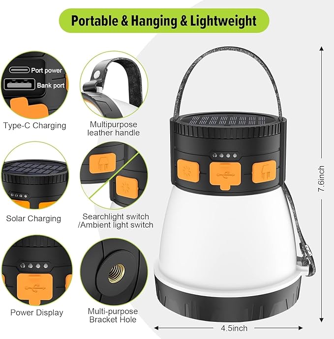4 Pack LED Camping Lantern, 1500 Lumens Camping Lantern Rechargeable with Solar Panel Charging, Waterproof, 8 Light Modes, 7500mAh Power Bank, Camping Flashlight for Hurricane Emergency, Outdoor