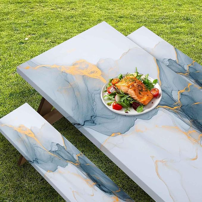 CAPSCEOLL Elastic Picnic Table Cover with Bench Covers 5Ft Waterproof Fitted Picnic Table Cover Cloths for Outdoors Camping Tablecloth with Drawstring Bag, 60X30in, Grey White Marble