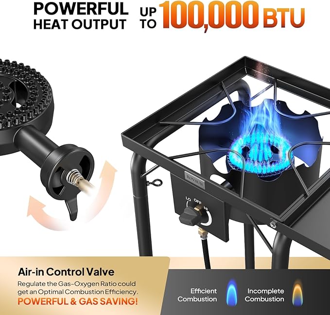 ROVSUN Single Burner Gas Stove with Side Shelf, 100,000BTU Portable Propane Stove with Removable Leg & Regulator for Camping Home Backyard Outdoor Cooking Brewing Canning Turkey Frying