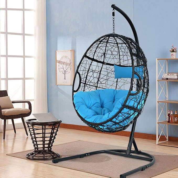 Giantex Hanging Egg Chair, 36.5-Width Oversized Swing Chair with C-Hammock Stand Set, Hammock Chair with Soft Seat Cushion & Pillow, Multifunctional Hanging Chairs for Outdoor Indoor Bedroom (Blue)