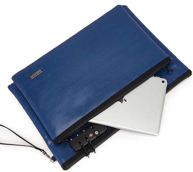 Fireproof Document Bag, Fireproof Money Bag with Lock and Zipper for Cash, FireproofBag Money Pouch, Fire Safe CashBag BankerBag, Notary Supplies (blue, Large)