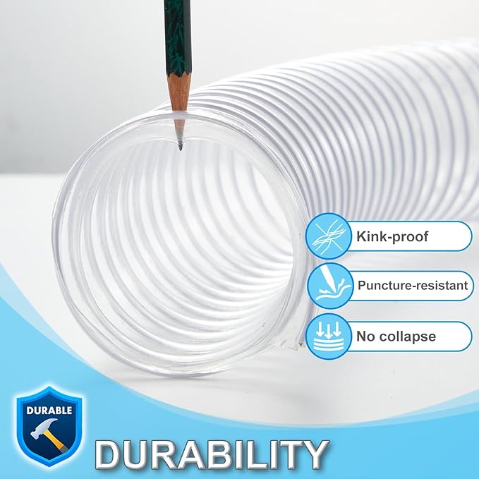 2 1/2 x 20’ Heavy Duty PVC Clear Flexible Dust & Fume Collection Hose with Carbon Steel Wire Coil, Puncture Resistant Hoses for Collectors