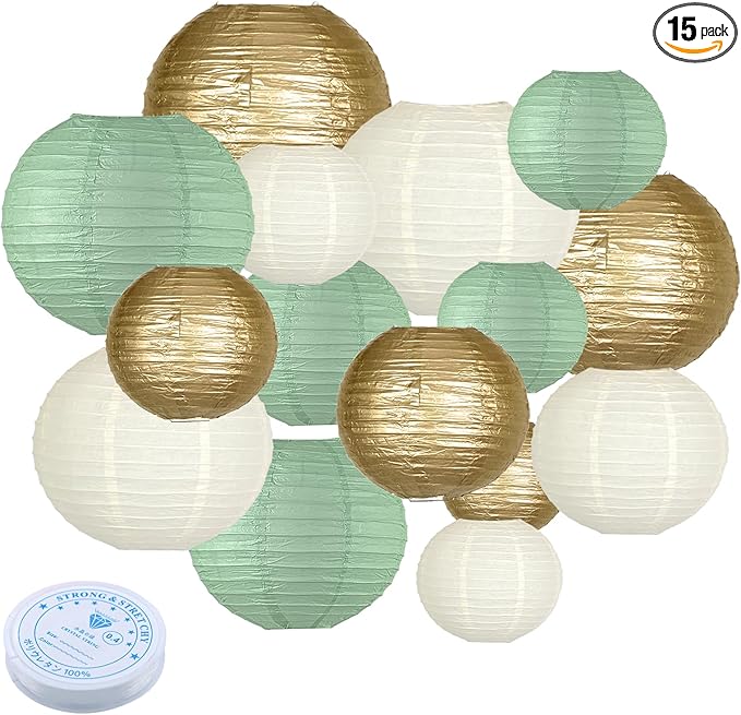 Round Paper Lanterns Decorations, Chinese Paper Lanterns Decorative, Sage Green/Gold/White for Rustic Party Sage Green Birthday Party Bachelorette Engagement Wedding Baby Shower 15pcs
