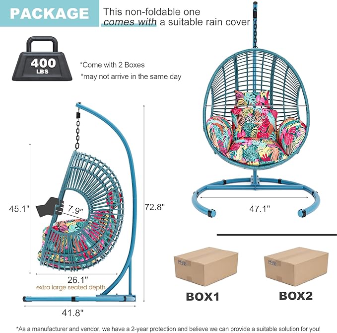 Oversized Hanging Egg Chair Outdoor Wicker Swing Chair with Stand Rain Cover UV Resistant Cushion 400lbs Capacity for Patio, Garden and Balcony