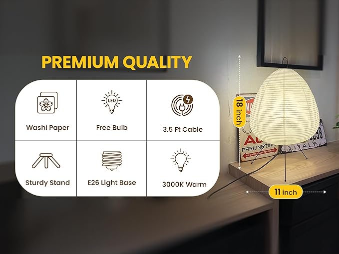 Noguchi Akari Rice Paper Lantern Lamp ??Dimmable Japanese Table Lamp with Washi Paper Shade, Bulb Included ??Japandi Bedside, Desk Light