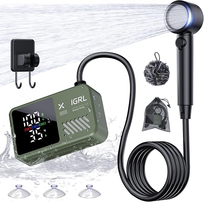 Portable Shower for Camping, Powerful 10L/Min Water Flow, Rechargeable Shower Pump with Bath Sponge, 4 Spray Modes, IPX8 Waterproof, 7800mAh Battery, Ideal for Hiking, Travel, Car Wash, Pet