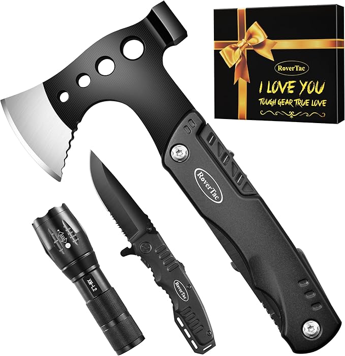 RoverTac Multitools Gift Set, 11-in-1 Multi Tool Axe, LED Flashlight, Tactical Knife in “I LOVE YOU” Gift Box, Tool Gift for Husband, Boyfriend, Dad, Camping Essentials Survival Gear Multitool
