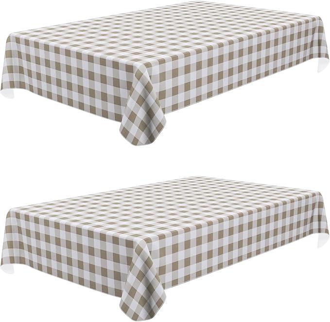 misaya 2 Pack Waterproof Vinyl Table Cloth, Buffalo Flannel Backed Tablecloth, Wipeable Plastic Table Cover for Dinner, Kitchen, Outdoor (60" x 84", Khaki & White)