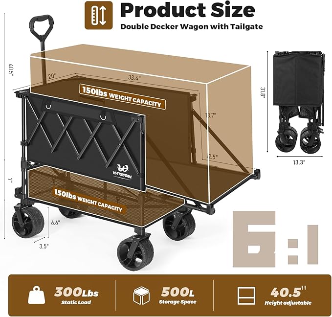 Whitsunday Double Decker Wagon, Heavy Duty Foldable Large Beach Wagon Cart with All-Terrain Big Wheels for Sports,Camping,Outdoor Black
