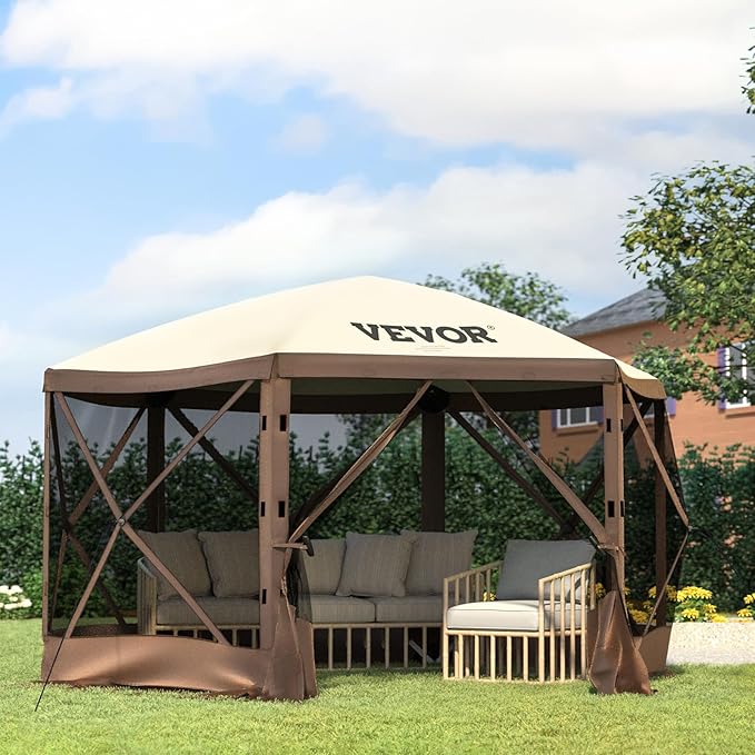 VEVOR Pop Up Gazebo Screen Tent, Pop-Up Instant Gazebo Tents with Mosquito Netting Outdoor Canopy, 6 Sided Sun Shelter 10x10ft with 6 Removable Wind Cloths & 2 Mesh Windows, Pavilion Tent for Patio