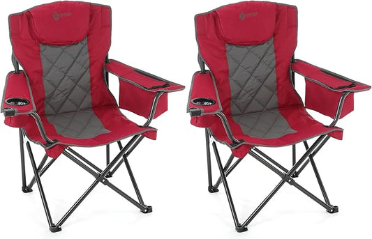 ARROWHEAD OUTDOOR 2-Pack Portable Folding Camping Quad Chair w/ 6-Can Cooler, Cup & Wine Glass Holders, Heavy-Duty Carrying Bag, Padded Armrests, Headrest & Seat, Supports up to 550lbs