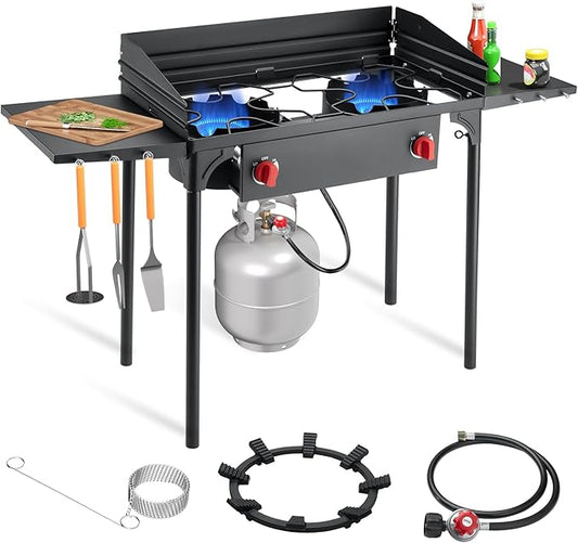 SKOK 2 Burners Portable Propane Stove with Side Shelves & Wind Panel,Portable Camping Stove with 150,000 High Efficiency Propane Burner,Outdoor Stove for Camping, Backyard, Picnic