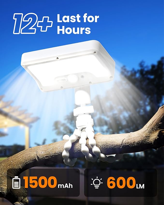Motion Sensor Outdoor Lights with Flexible Octopus Tripod - 600LM Solar Sercurity Lights Waterproof, Dual Charging Solar Ourdoor Light for Camping,Fence, Patio (2Pack White)