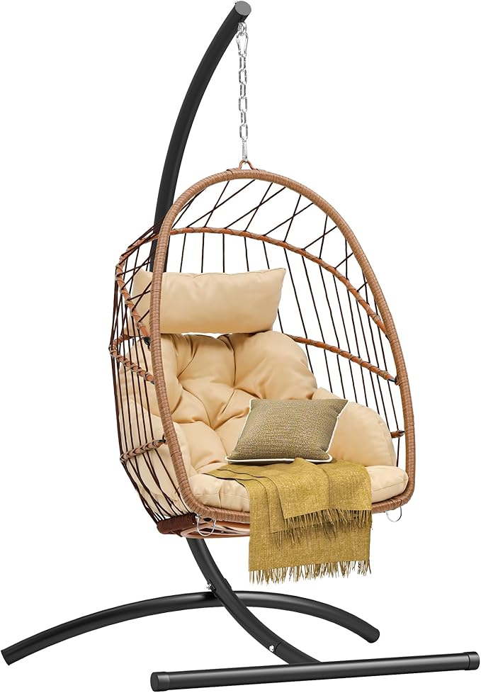 DWVO Egg Chair with Stand, Hanging Outdoor Rattan Wicker Patio Hammock Indoor Egg Chair with Cushion, Hanging Swing Chair 300lbs for Porch, Garden, Bedroom, Balcony, Beige