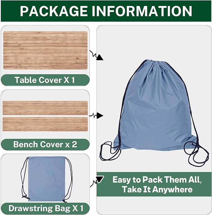 Picnic Table Cover with Bench Covers Elastic Edges, Brown Map Wooden Fitted Table Cover, Outdoor Patio Camping Essentials 72 Inch 3PCS, Waterproof Camping Fitted Tablecloth with Drawstring Bag