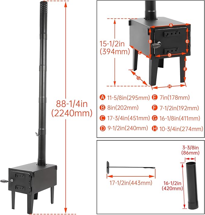 KUAFU Wood Burning Stove Tent Camping Stove for Outdoor Cooking Fishing Hiking Travel Portable Heater with Storable Chimney Pipes