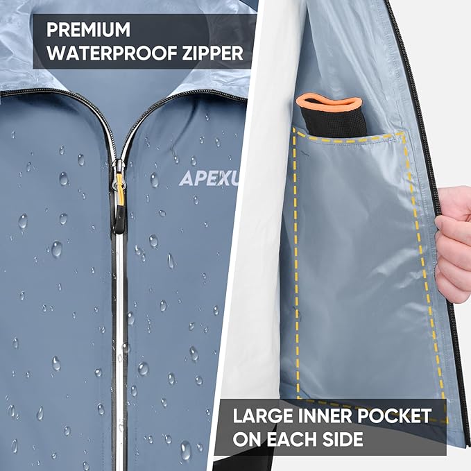APEXUP Packable Rain Jacket Men with Reflective Zipper, Lightweight Waterproof Raincoat, Mens Rain Jacket for Outdoor Sports
