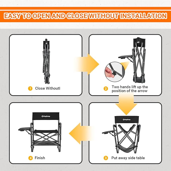 KingCamp Premium Extra Heavy Duty Wide Camping Directors Chairs Supports 300lbs for Adults, Padded Folding Portable Camping Chair with Side Table Storage Pockets Carry Straps, Black