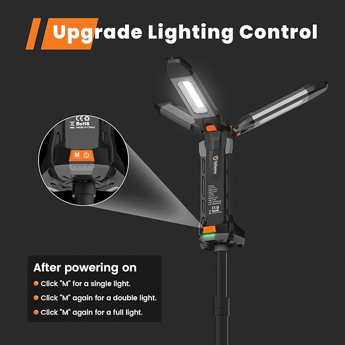 gogonova 2025 Rechargeable Work Light with Stand, 4 in 1 Cordless Camping Light, 700/1200/2200 Lumens, 4000/6500K Dimmable LED Work Lamp with Detachable Tripod（Grey）