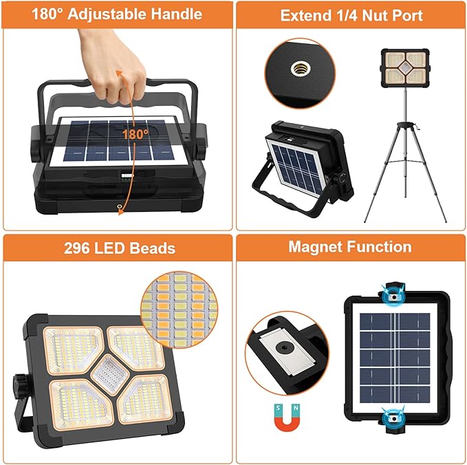 ERAY Portable LED Work Light with Rechargeable Battery 15000mAh 10000 LM, Solar Camping Lights, IP66 4 Lighting Modes Worklight for Outdoor Building Emergency Car Repairing