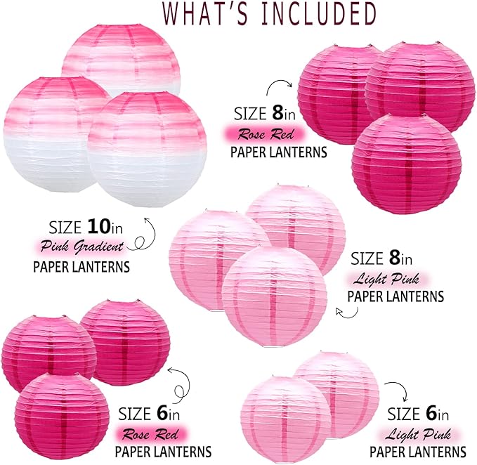 14 PCS Paper Lanterns, Gradient Colorful Pink Round Paper Lanterns Decorative Lantern Lamps, Hanging Lantern Chinese Tissue Indoor Room Outdoor Party Supplies Decoration