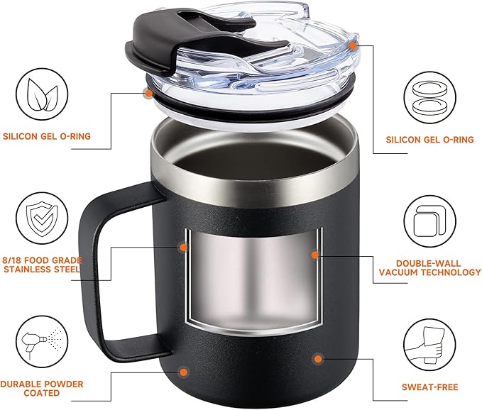 ALOUFEA 12oz Insulated Coffee Mug Cup with Handle, Stainless Steel Travel Coffee Mug with Flip Lid, Double Wall Vacuum Coffee Tumbler,Nut Brown