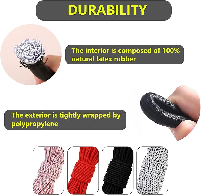 Tent Pole Shock Cord 1/8 inch 60ft, Replacement Shock Cord for Tent Rod, Tent Pole Repair Kit, Elastic Bungee Cord,Elastic Cord with Lead Wire/Washers/Clip (White/Red)