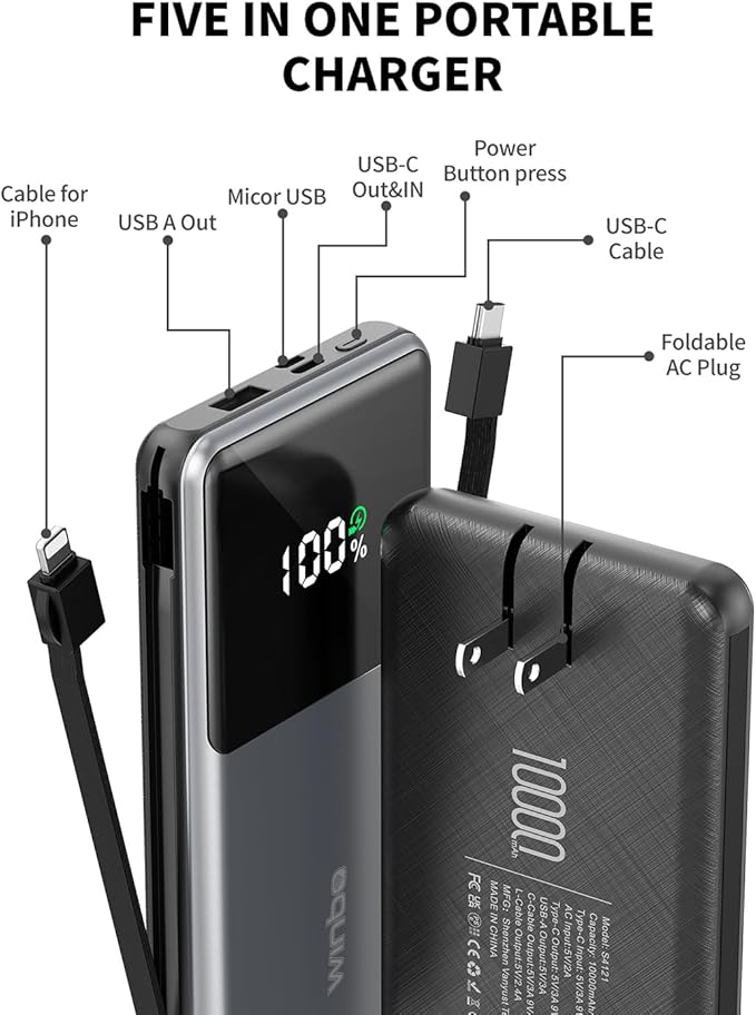 Portable Charger with Built in Cables 10000mAh, Power Bank for iPhone with Wall Plug, Travel Essential 22.5W USB C Fast Charging Compact Battery Pack for iPhone16/15/14, Samsung, iPad, etc