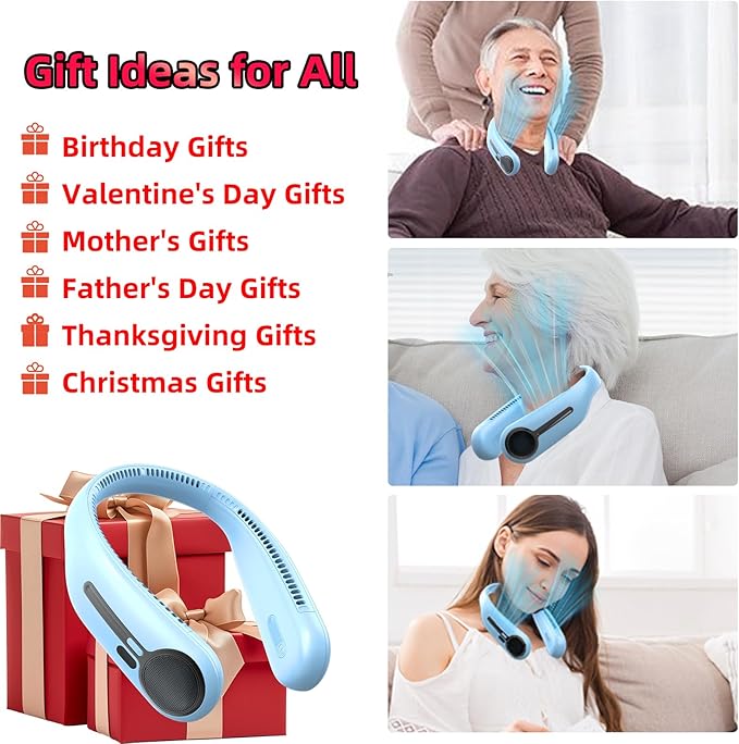 Portable Neck Fan,Gift Ideas,Personal Wearable Bladeless Fan,360° Cooling,LED Display,4-Speeds,6000mAh Rechargeable,Powerful Wind,Outdoor Travel Camping,Birthday Gifts for Men Women (Light blue)
