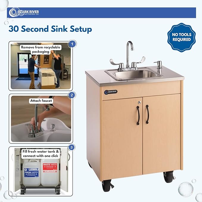 Ozark River Portable Sinks Lil Premier S1, Child Height Stainless Steel Self Contained Portable Sink with Hot Water for Kids, Hot Water Handwashing Station for Daycares & Classrooms