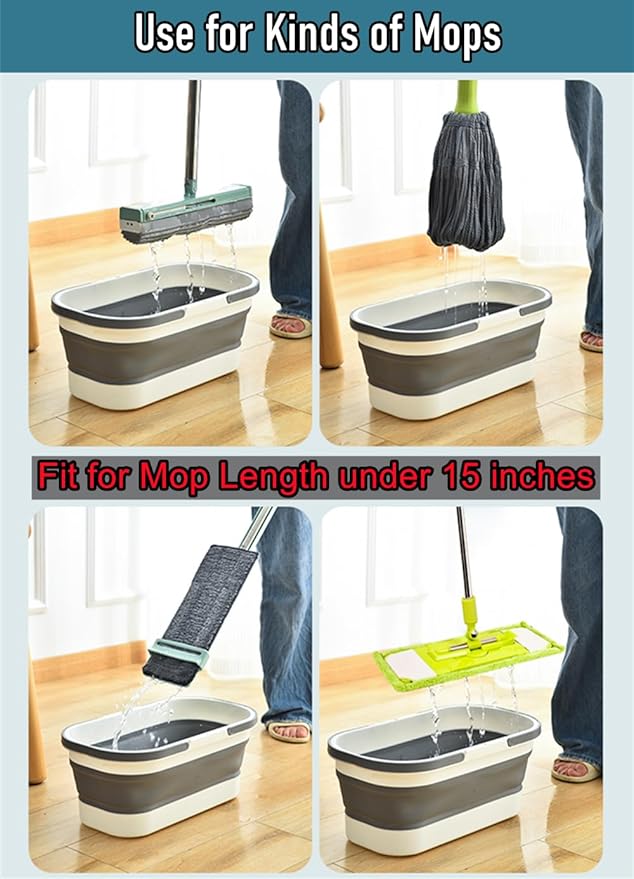 Collapsible Mop Wash Basin Bucket with Handle and Wheels, 12L (3.2 Gallon) Portable Plastic Basket Crate Tub for Storage Organization, Foldable Water Bin Container for Cleaning, Car Washing, Blue