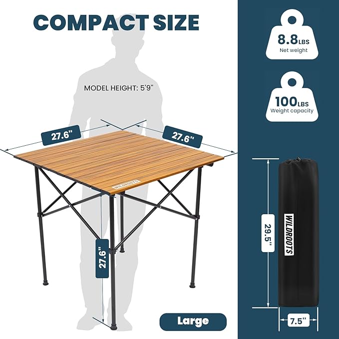 WILDROOTS Folding Camping Wood Grain Brown Table with Carry Bag, Lightweight Aluminum Table for Outdoor, Camping, Picnic, Cooking, Backyards, BBQ (L)